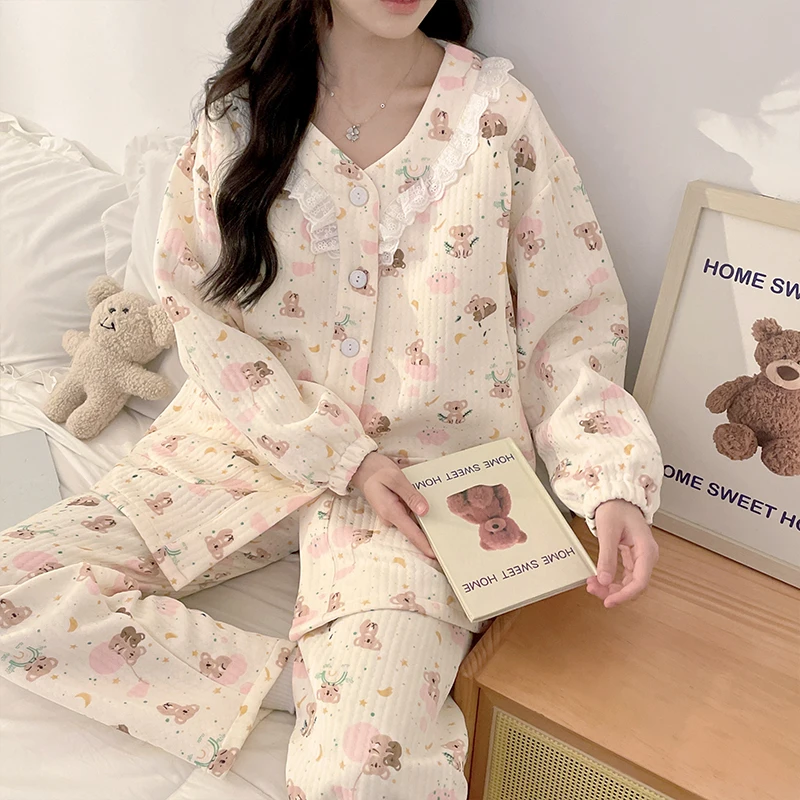 带胸垫空气棉月子服产妇套装大码春秋冬款怀孕期孕妇睡衣产后哺乳