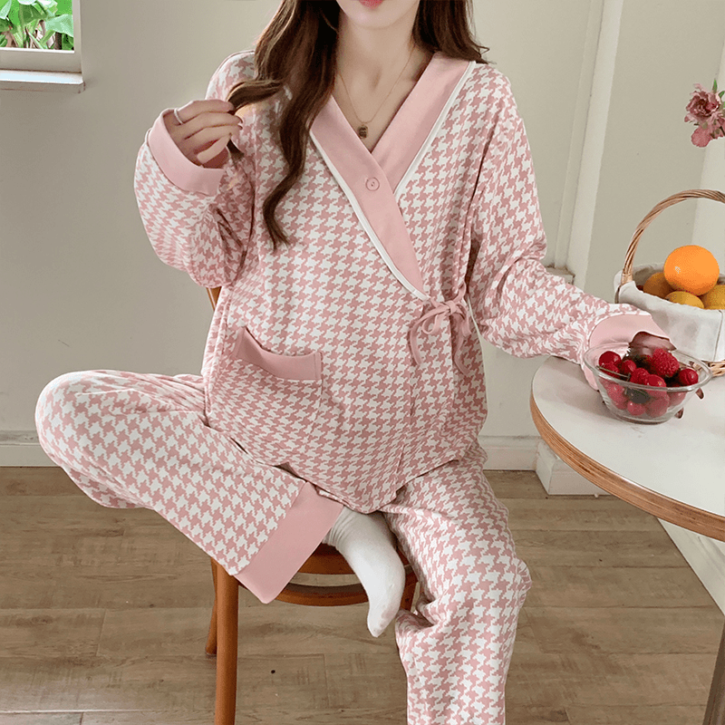 月子服春秋产后孕妇系带格子睡衣怀孕期医院待产妇哺乳家居服套装