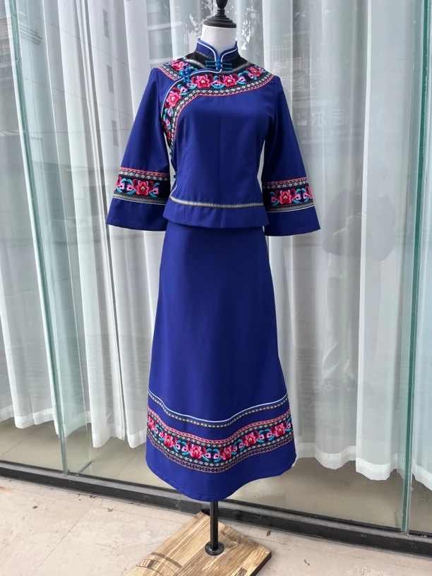 民族服装土布深蓝色女套装裙子