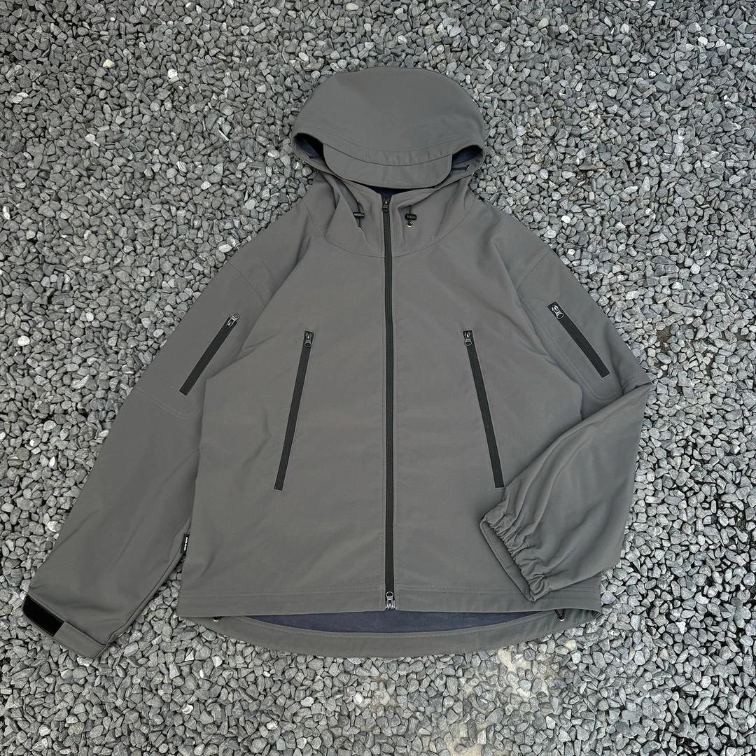 PROCANO24AW复合面料内里贴绒连帽拉链抽绳冲锋衣廓形潮流外套男