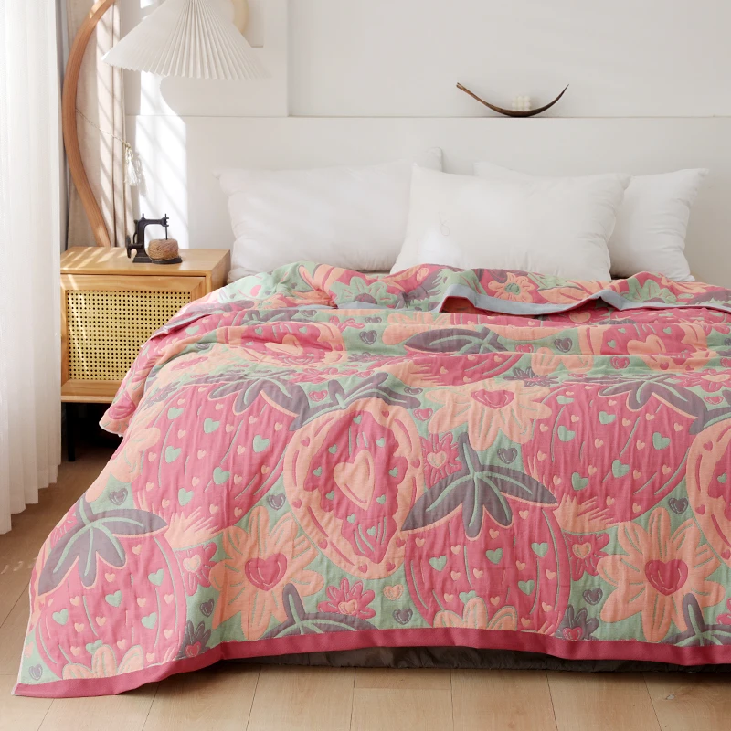 【京かわ会社】纯棉纱布单人毛巾被 150*200cm 草莓花心