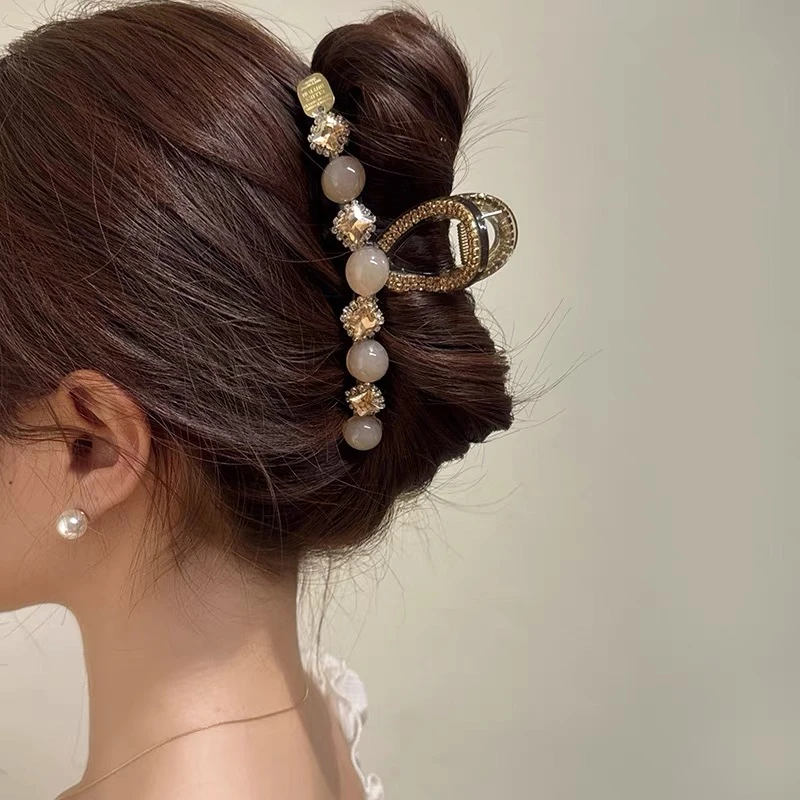 韩版满钻珠珠大号抓夹女高级感后脑勺盘发夹子发卡轻奢鲨鱼夹头饰