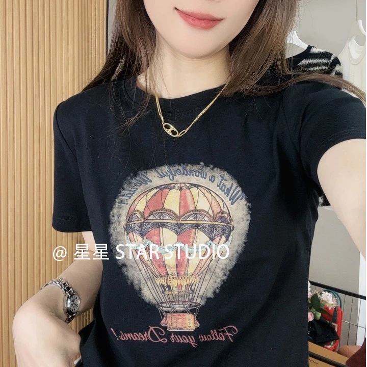 复古美式热气球 XH1023 印花正肩上衣夏季新款设计百搭修身T恤