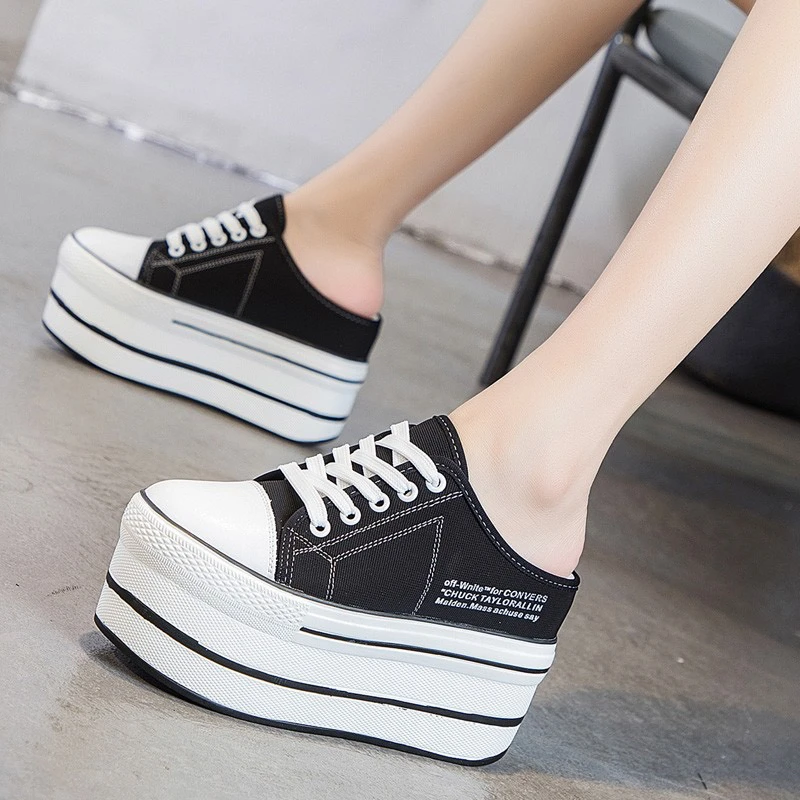 11cm内增高小白鞋女松糕跟厚底女鞋帆布半拖鞋女包头外穿2024新款