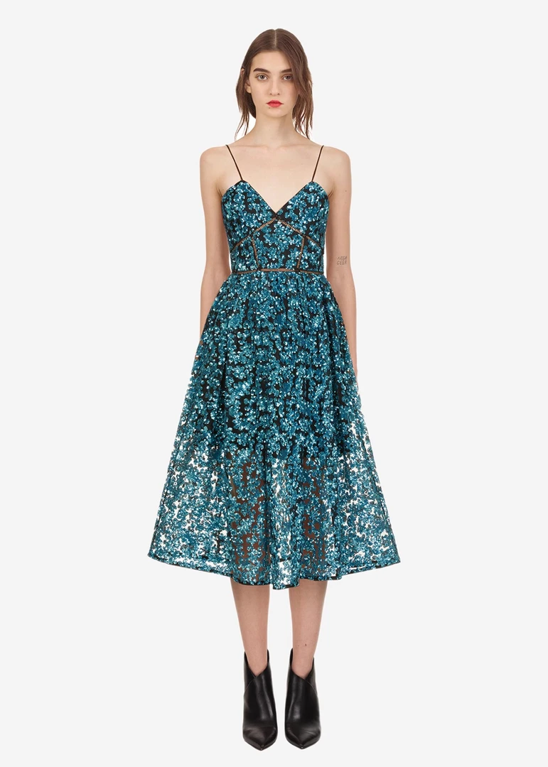 春夏bling蓝绿色亮片V领吊带气质绝美显瘦收腰礼服度假女装连衣裙