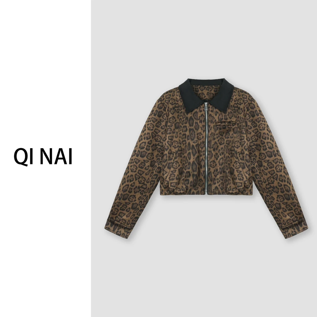 七奈推荐 【豹纹】气质性感豹纹翻领绒皮立领短外套QN11596