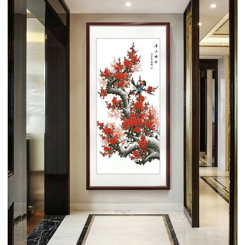 雅舒庭 新中式喜上梅梢玄关装饰画入户花鸟走廊尽头挂画梅花壁画