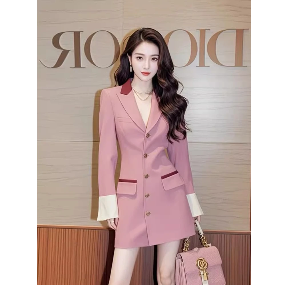 正式场合气质裙子小个子春秋款高级感超好看风衣女粉色西装连衣裙