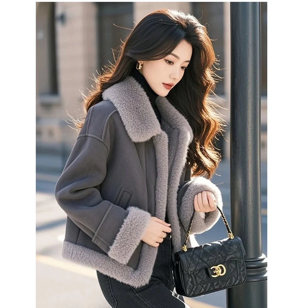 时尚减龄机车服小个子短款皮毛一体外套女冬季休闲高级感毛领上衣
