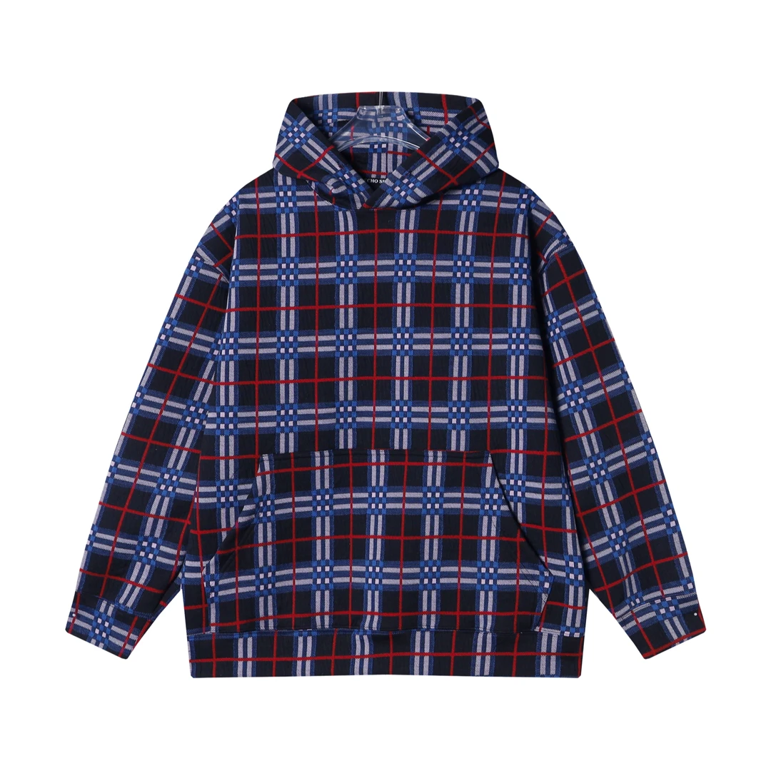 WY242-DY秋冬季新款美式复古格纹格子连帽卫衣宽松百搭潮流长袖