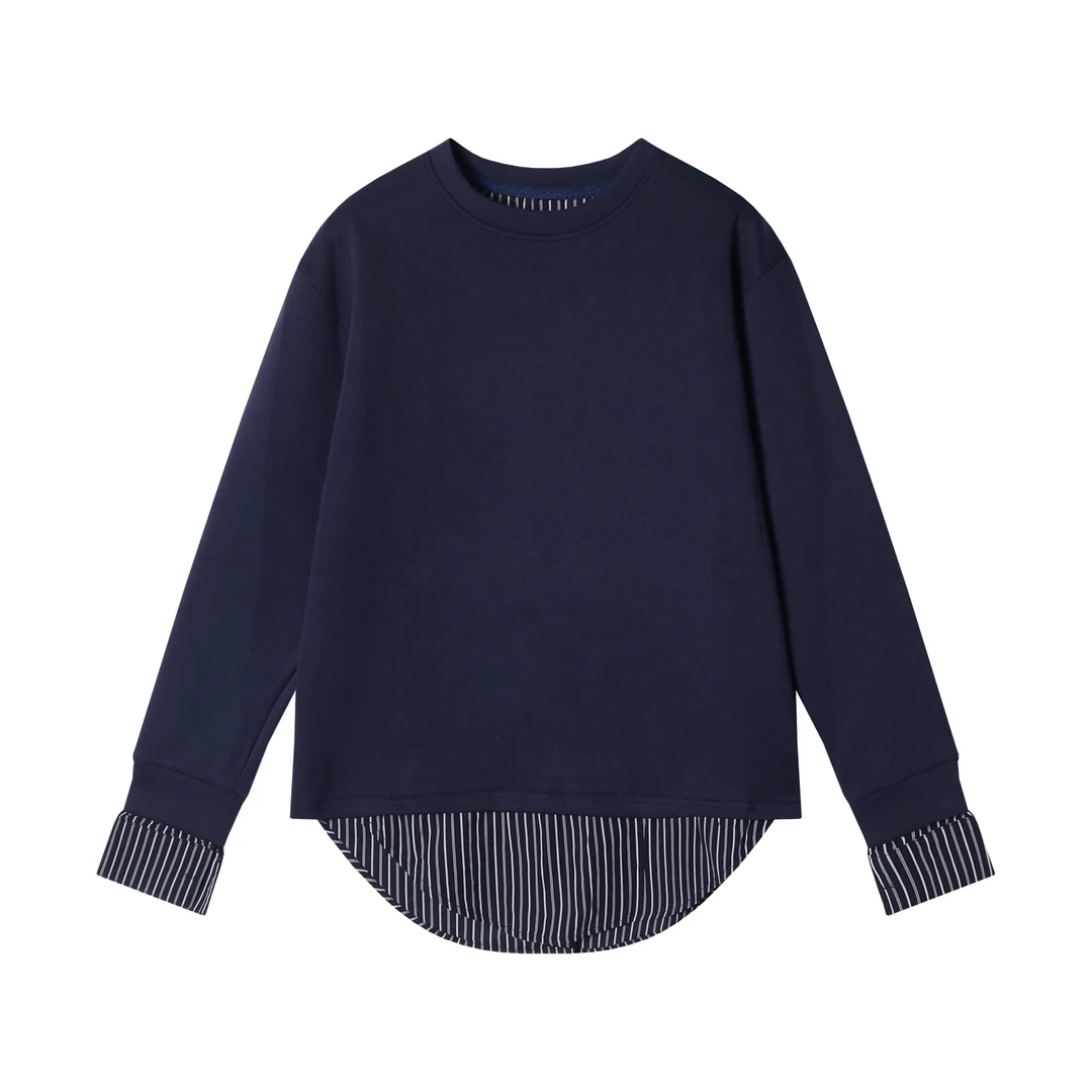 WY545-DYX秋冬季新款时尚纯色条纹拼接假两件简约百搭休闲上衣