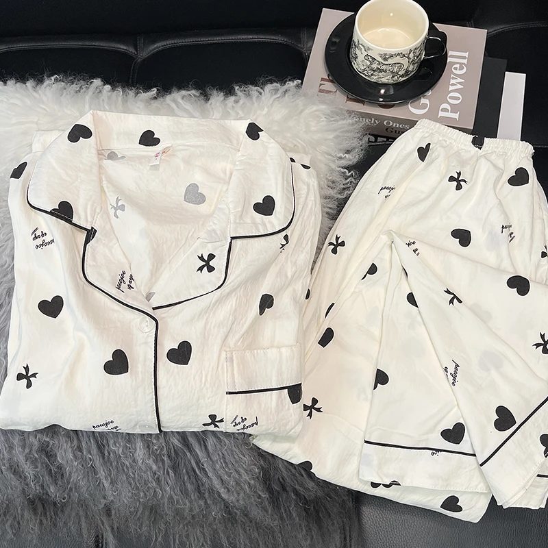 【长袖黑桃心】春秋季休闲睡衣女甜美少女简约爱心家居服透气套装