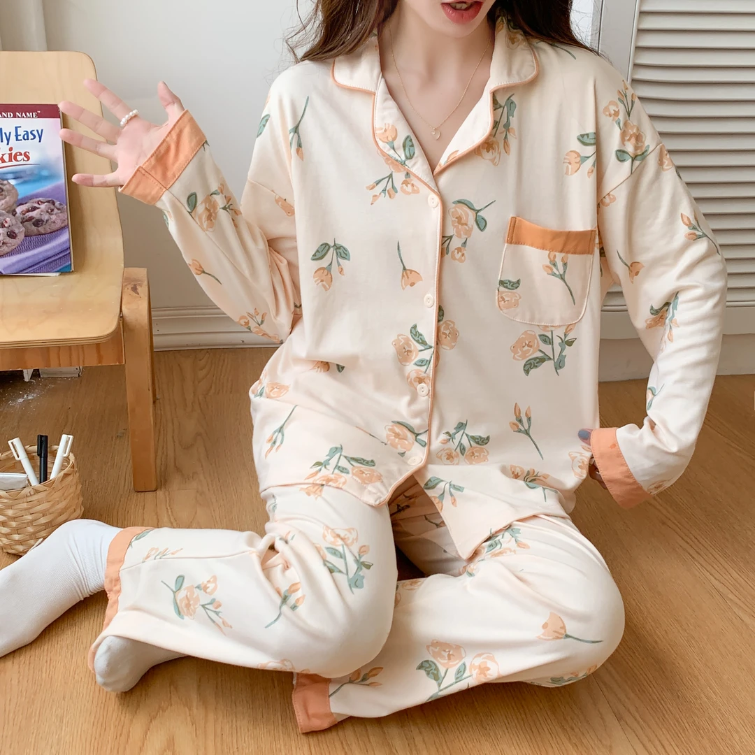 【长袖山茶花】春秋季睡衣女时尚舒适网红印花家居服秋季套装两件套