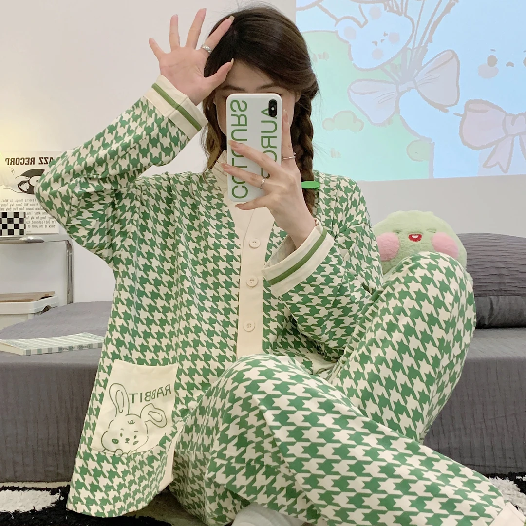 【兔子的口袋】春秋千鸟格睡衣女汉服秋冬长袖网红ins风家居服套装