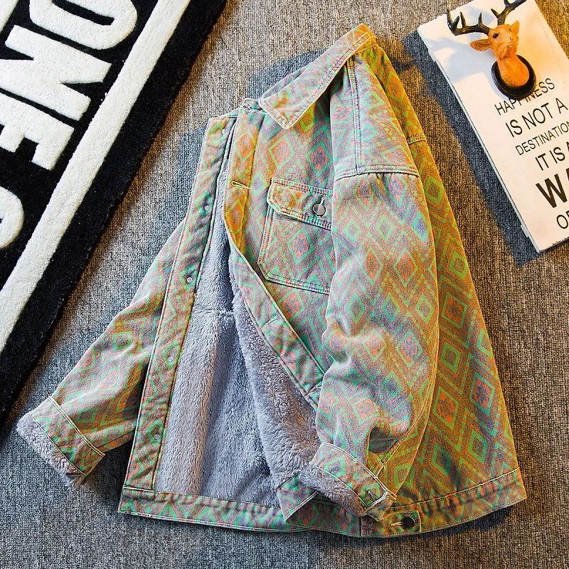 保罗重磅冬季加绒加厚外套男高级感痞帅潮牌印花男士保暖牛仔夹克