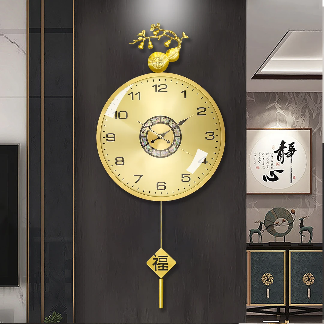 新款客厅玄关石英钟办公室装饰挂钟黄铜静音卧室挂表创意高档时钟