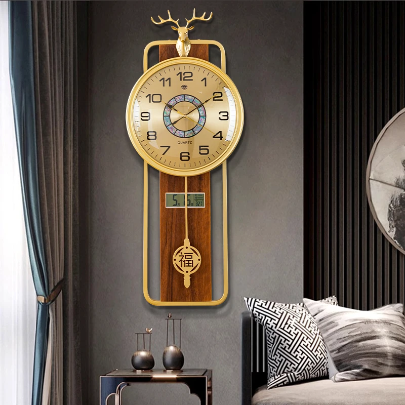 朗艺新中式挂钟家用客厅石英钟时尚静音实木挂墙时钟轻奢福禄挂表