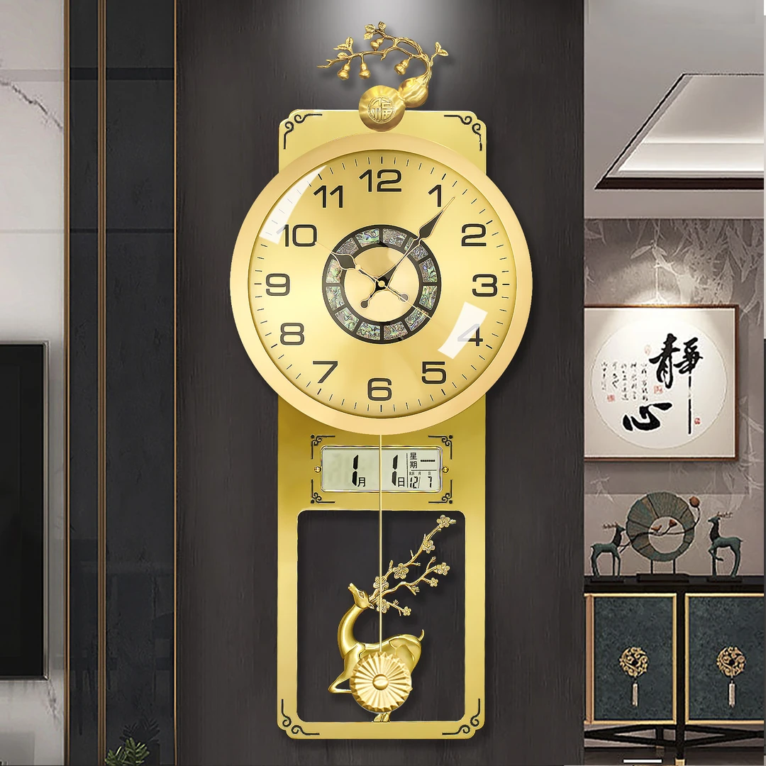 新中式黄铜静音表大气装饰鹿头挂钟新款家用客厅时钟进口机芯挂表