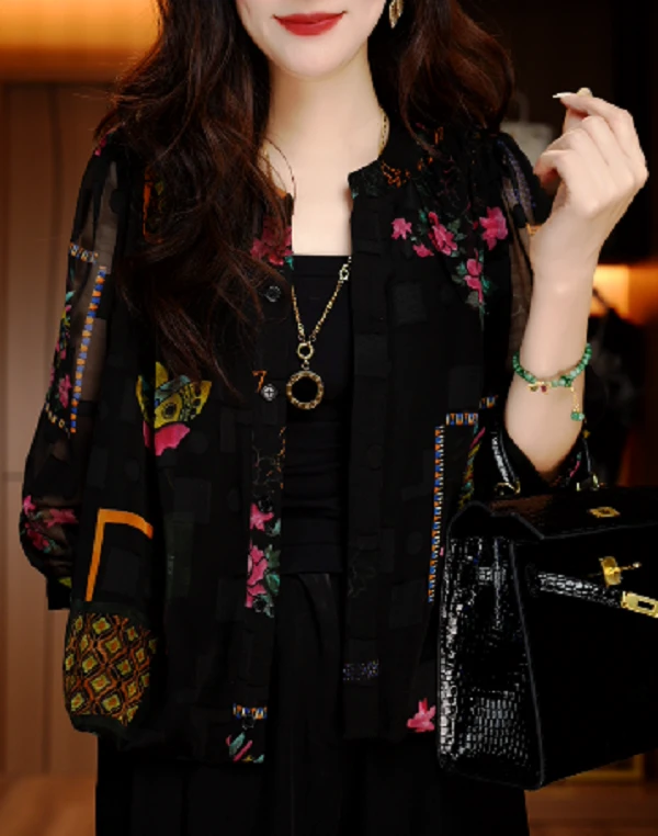 中国风印花防晒短外套开门襟时尚女装四季通用衬衫宽松V24Z157