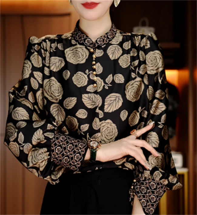 卓曼 新款小高领衬衣女印花显瘦百搭气质时尚套头上衣V24M0515