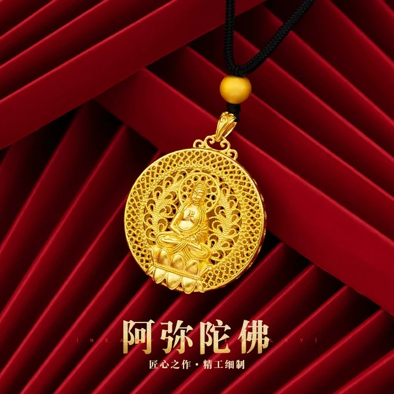 铜合金项链 阿弥陀佛吊坠圆牌项链男款久不掉色金色佛像时尚饰品