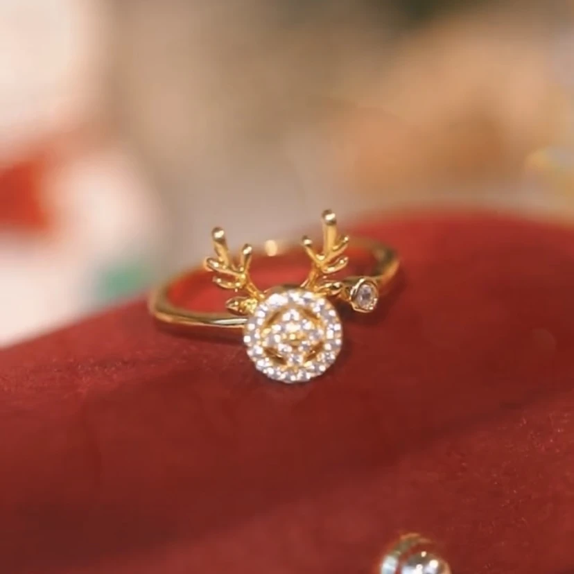 铜合金合成锆石戒指 圣诞节旋转鹿角戒指女开口指环高级感配饰品