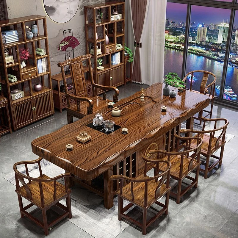 高档雕刻原木实木大板茶桌椅组合家用茶台一整套办公室茶几泡茶