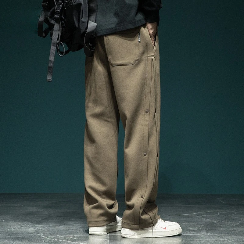 日系潮牌直筒休闲裤男秋季宽松大码运动裤子男士阔腿长裤纽扣卫裤