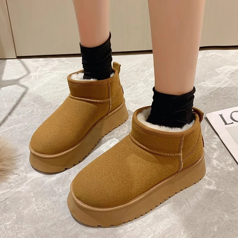 皮毛一体雪地靴女2024秋冬季新款厚底面包鞋加绒加厚保暖东北棉鞋