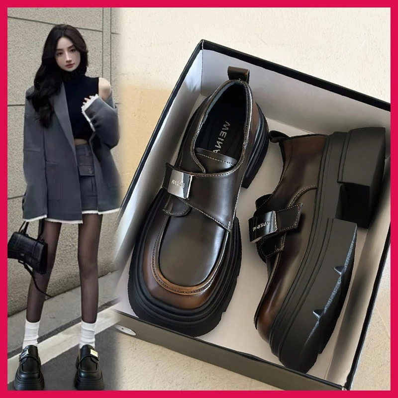 厚底增高乐福鞋女2024春秋新款魔术贴金属扣粗跟时尚英伦风小皮鞋