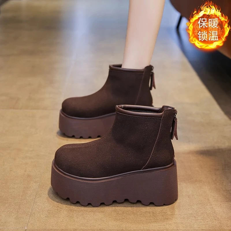 时尚厚底雪地靴2024冬季新款加绒后拉链保暖女棉靴百搭休闲女短靴