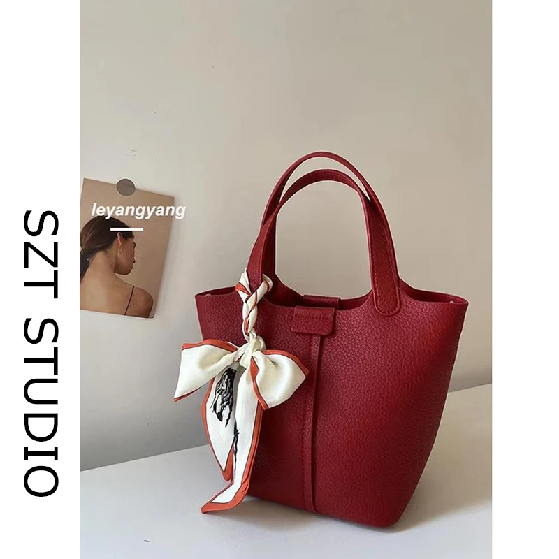 红色手提菜篮子水桶包包女士小众新款大容量高级感斜挎结婚包春夏