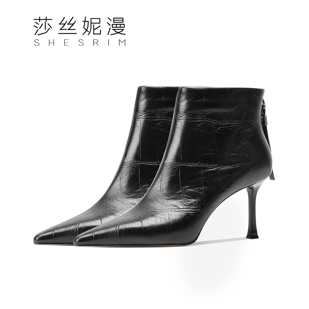 218-时尚百搭高跟鞋2024秋冬新款简约真皮气质真皮靴尖头细跟黑白