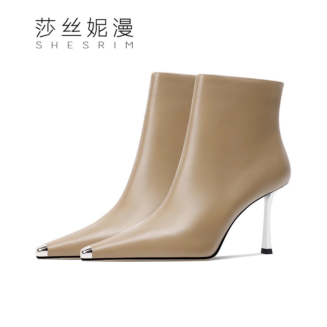 S11-冬新款浅色系女士气质是时尚高跟鞋绒里黑色女靴细跟尖头杏色