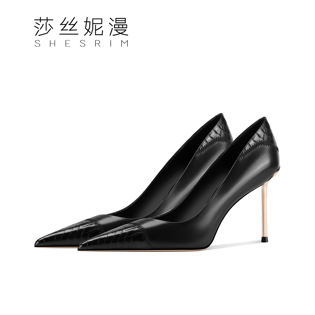 58-春款上新蛇皮性感浅口高跟鞋细跟尖头气质款跟高9CM米白色单