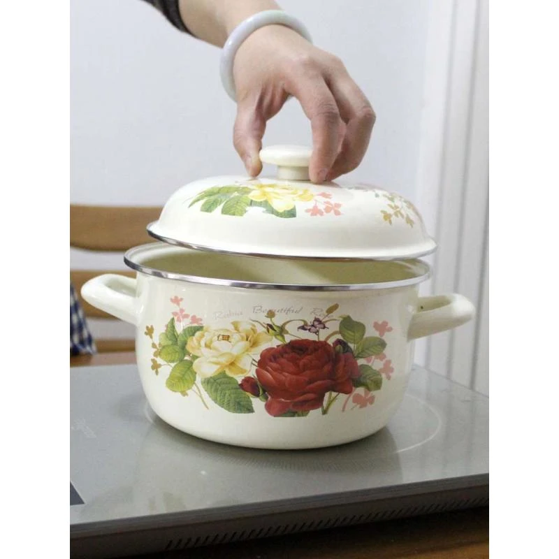加厚珐搪瓷锅汤锅双耳厨猪油罐家用盆子碗带盖奶锅琅老式房装油盆