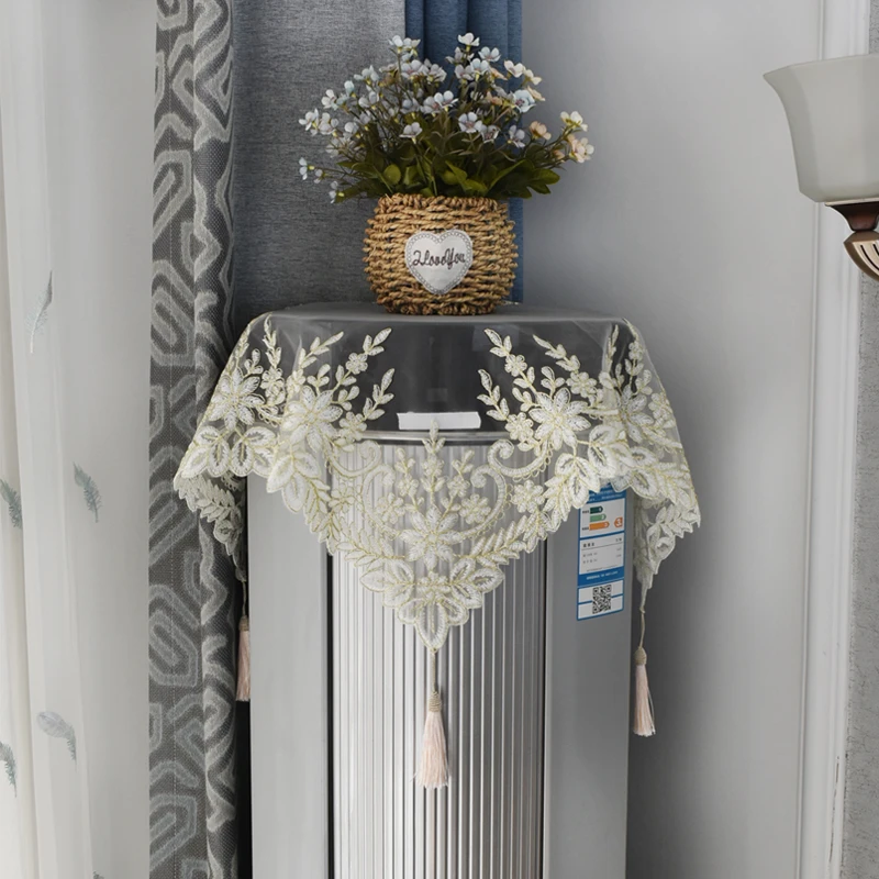 开机不取圆柱空调防尘罩北欧风蕾丝空调盖巾立体刺绣客厅多用盖布