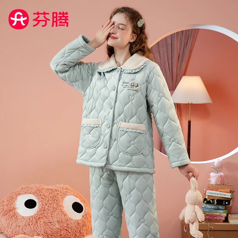 芬腾【动物联盟】冬季夹棉女睡衣套装大码保暖家居服女FJ25950125