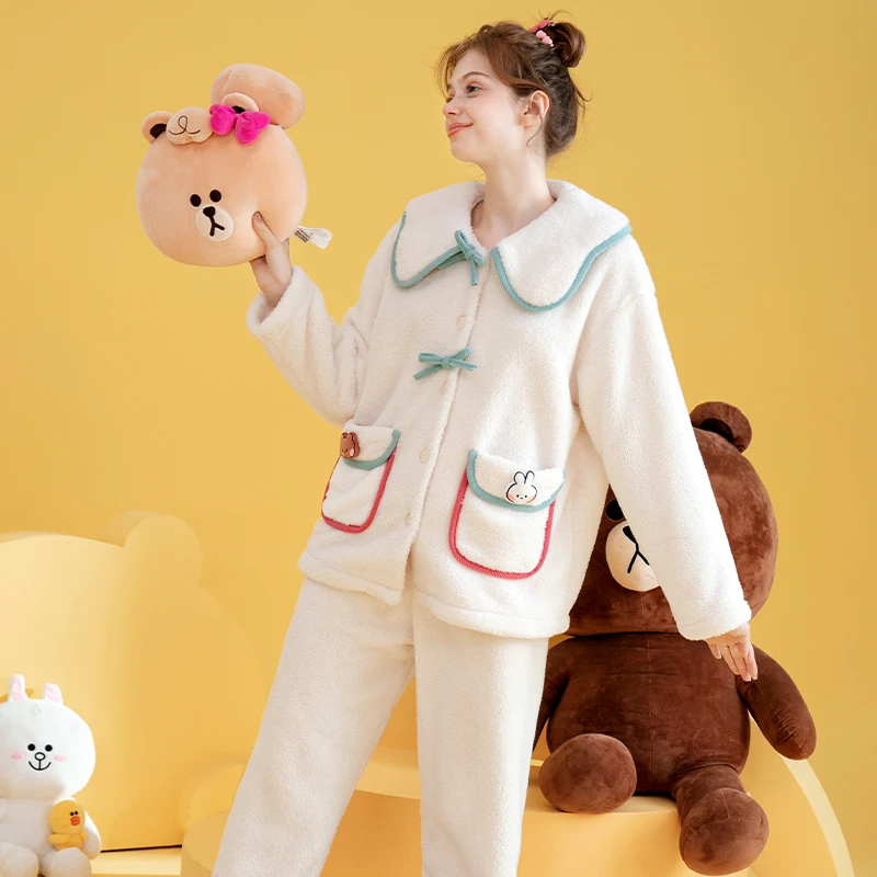 芬腾【布朗熊】双面绒秋冬保暖女睡衣可爱卡通家居服套装I98440799