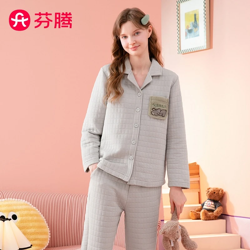 芬腾空气棉夹层秋冬翻领动物长袖纯色开衫女士家居服套装睡衣女