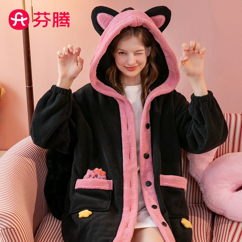 芬腾双面暖绒外穿秋冬连帽开衫长袖加厚保暖睡裙中长裙女裙子