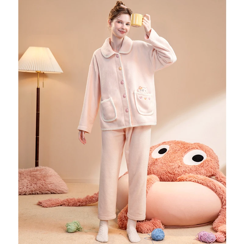 芬腾双面摇粒绒套装秋冬小翻领可爱猫咪暖和家居服女FJ25490023