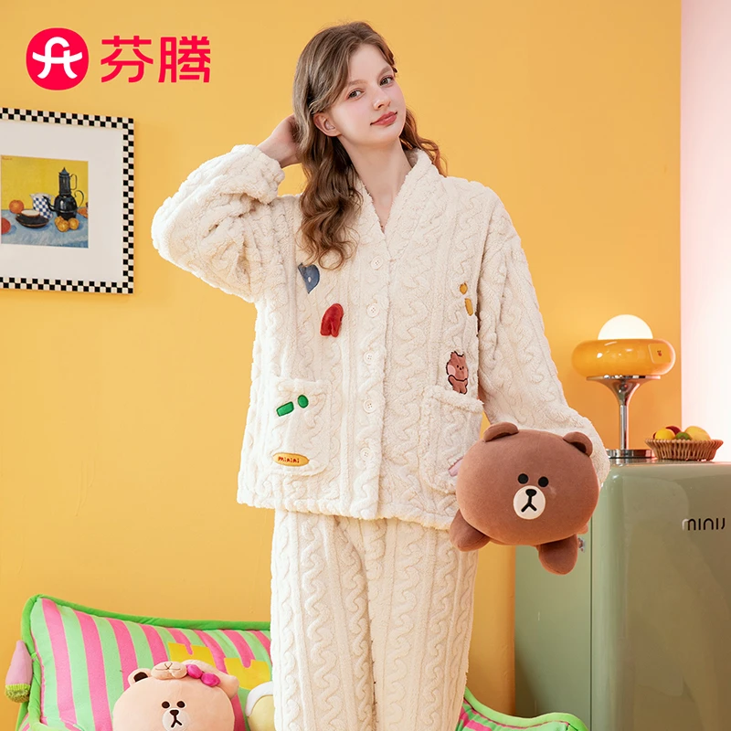 芬腾【正版布朗熊IP】秋冬双面暖绒V领外穿女士家居服FJ25490053
