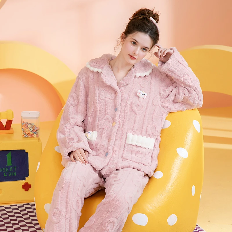 芬腾双面绒睡衣女秋冬保暖舒适甜美家居服套装J98440651