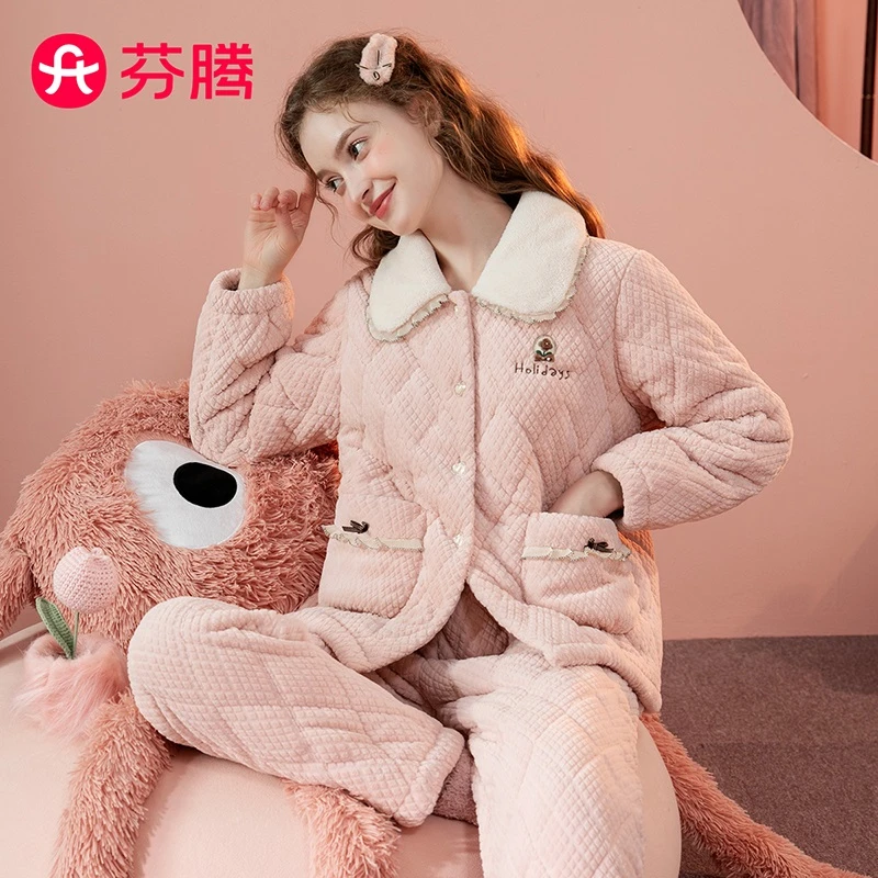芬腾冬季法兰绒夹棉加厚保暖睡衣女家居服套装FJ25590079