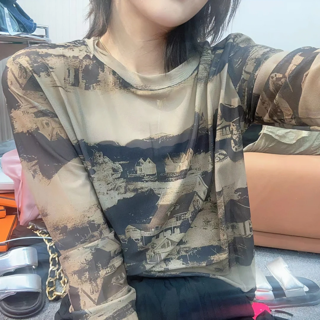 千绒花8060夏季扎染ins风上衣显瘦长袖百搭时尚洋气圆领设计感
