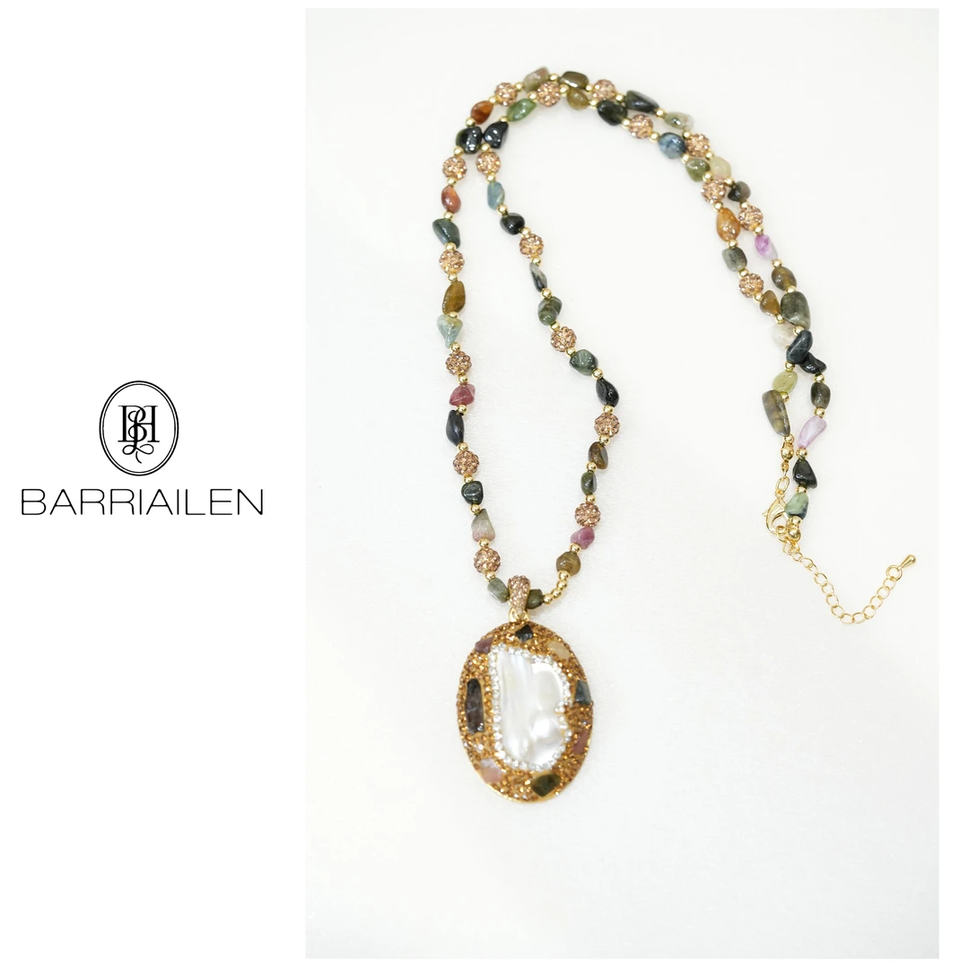 合金仿水晶项链 【BARRIAILEN甄选】手工复古彩色镶嵌珍珠项链-S276