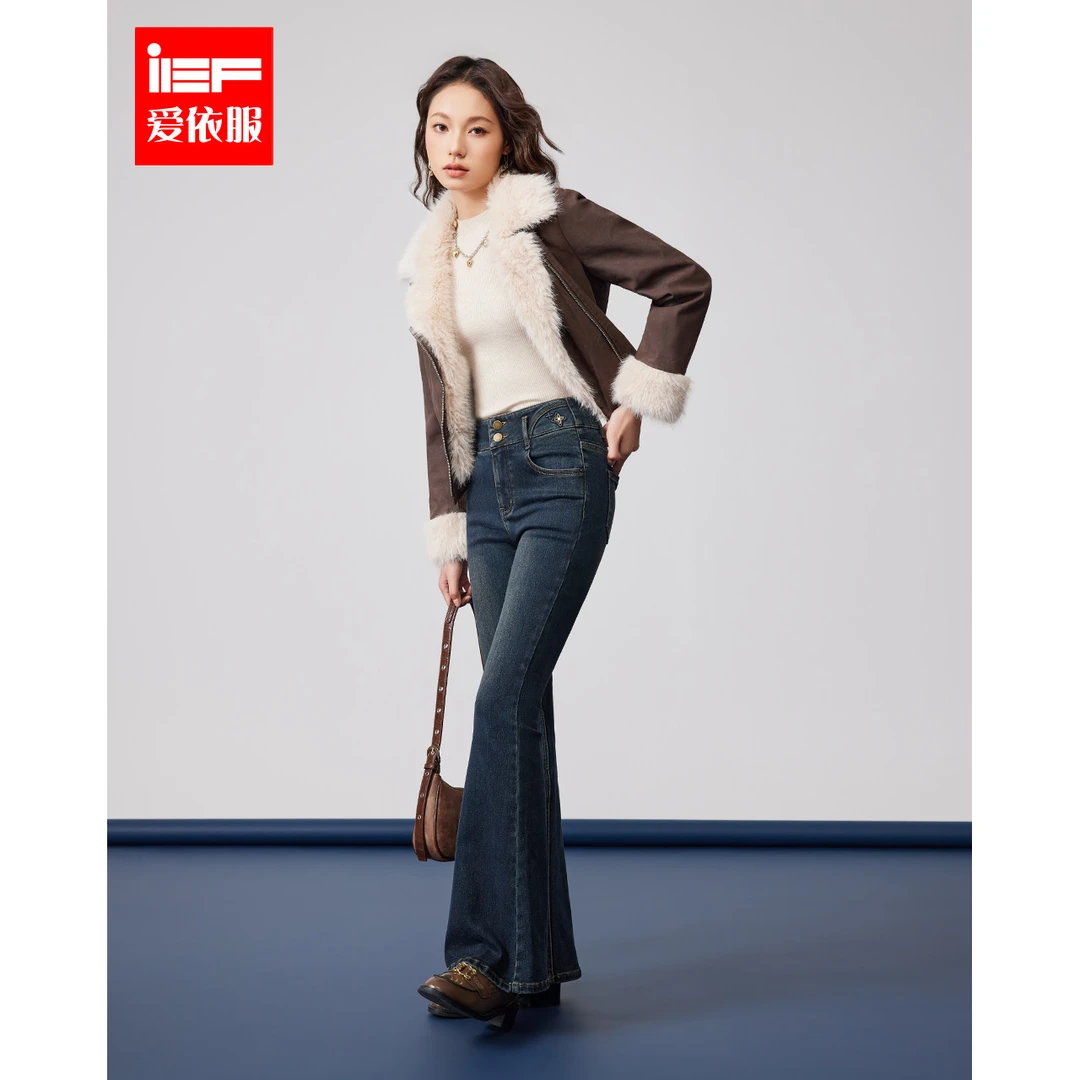 IEF/爱依服长裤2025冬季新款时尚复古摩登气质显瘦通勤牛仔喇叭裤