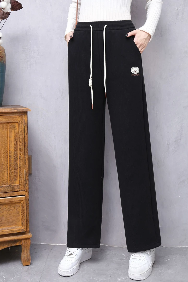 2024年新款刺绣加绒加厚高腰直筒裤休闲百搭