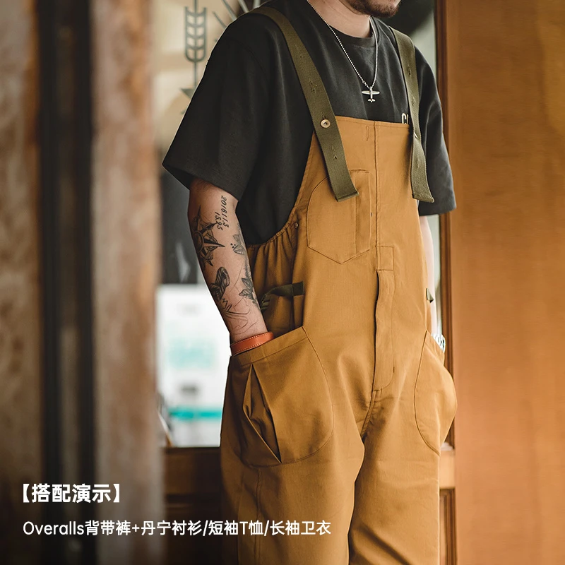 马登工装美式复古宽松BF直筒背带裤阿美咔叽休闲连体吊带长裤子男